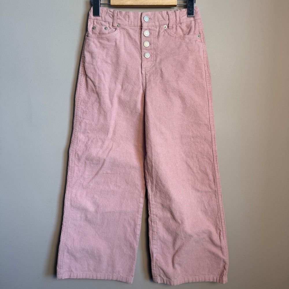 Kids BTWEEN Pink Corduroy Wide Leg Button Fly Pants Girls Adjustable Waist Cute
